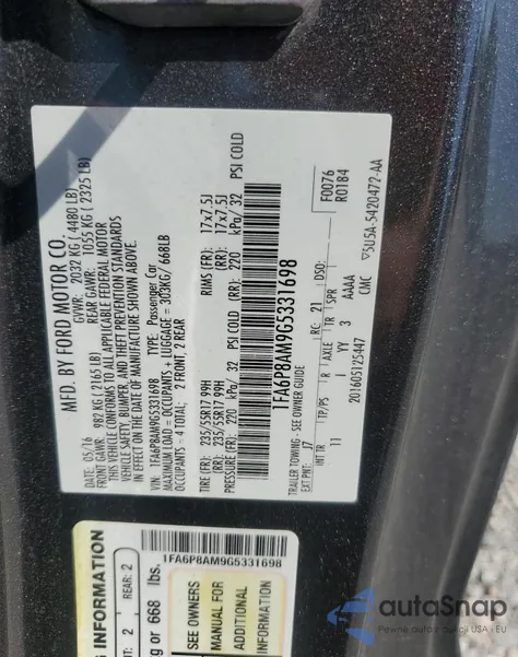 2016 Ford Mustang из США, поврежденный, VIN 1FA6P8AM9G5331698